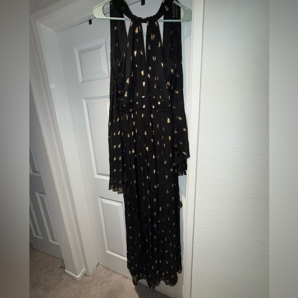 Shoshanna Midnight Basilica Black Gold Metallic Halter Gown Maxi Dress 6 $680